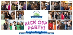 Collage of photos from 2025 spring to action kick off party surrounding the logo and the words KIck Off Party!